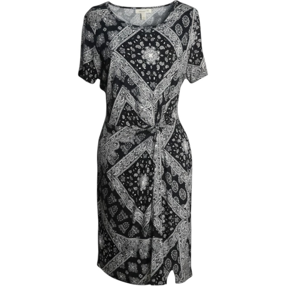 Maurices 24/7 Black White Bandana Paisley Twist Front Midi Dress Short Sleeve M